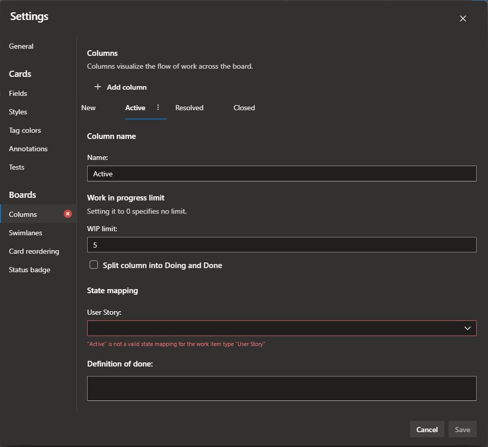 Azure DevOps board settings, Columns tab for the Active column with a WIP limit of 5 and the Split column into Doing and Done checkbox