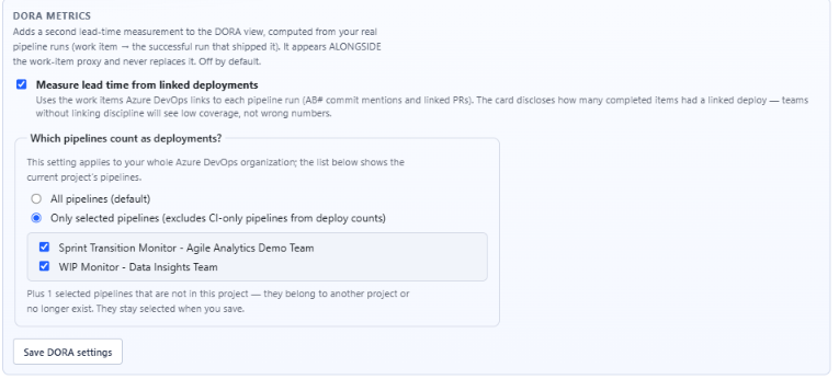 DORA Metrics settings in Agile Analytics where you choose whether all pipelines or only selected pipelines count as deployments.