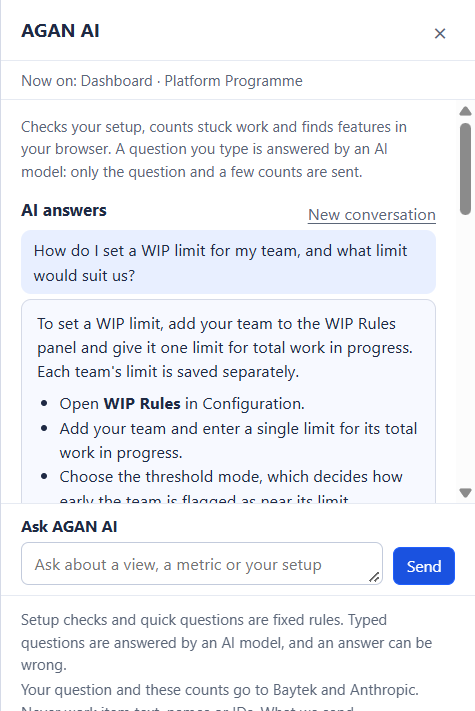 The AGAN AI panel with the question "How do I set a WIP limit for my team, and what limit would suit us?" and an answer that explains the steps in WIP Rules as a short list.