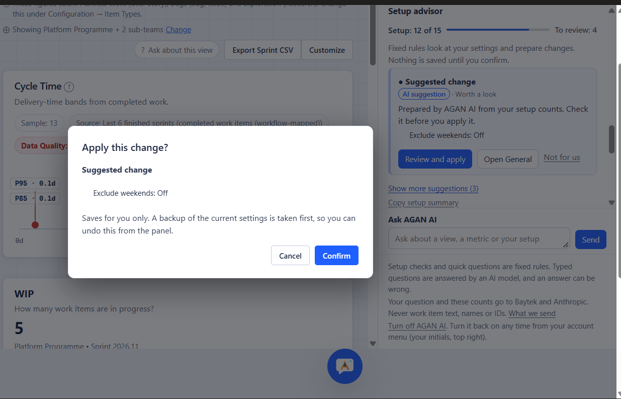 A dialog titled "Apply this change?" listing the suggested change, with the note "Saves for you only. A backup of the current settings is taken first, so you can undo this from the panel." and the buttons Cancel and Confirm.
