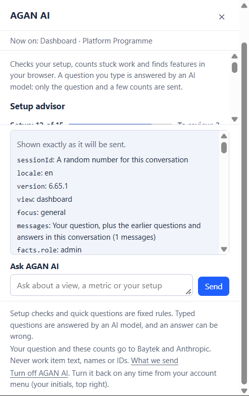 The AGAN AI panel with What we send expanded. It starts with "Shown exactly as it will be sent." and lists fields such as locale, version, view and facts.role, each with its value.