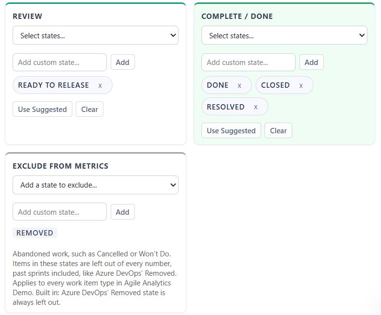 The Workflow Mapping tab with a box titled Exclude from metrics under the Review and Complete / Done stages. It has a list to add a state, a field for a custom state, the built-in Removed state, and an explanation that items in these states are left out of every number.