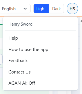 The account menu opened from the initials in the top-right corner, listing Help, How to use the app, Feedback, Contact Us and AGAN AI: Off.